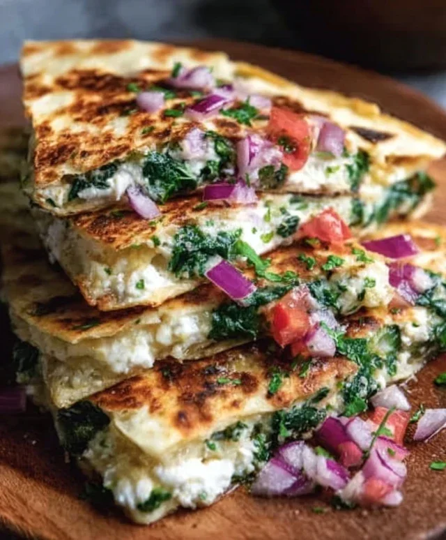 Mediterranean Quesadillas with Spinach, Feta, Mozzarella, and Red Onion