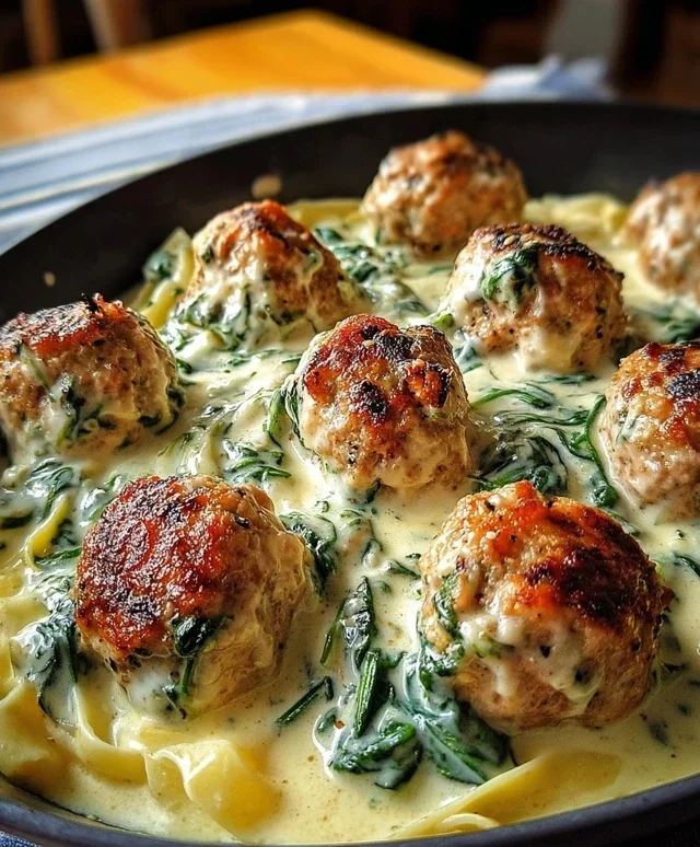 Southern Style Baked Chicken Ricotta Meatballs with Spinach Alfredo