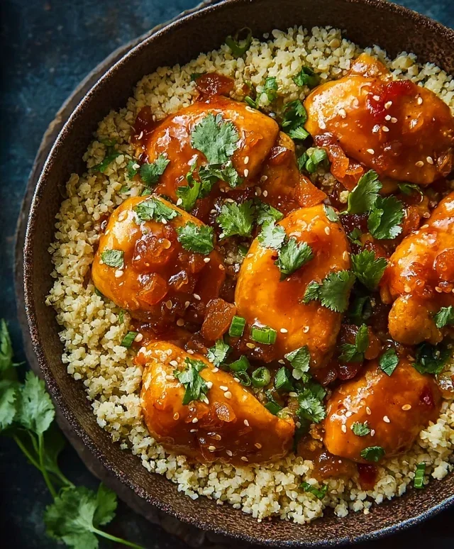 Sweet and Sticky 3 Ingredient Apricot Chicken with Cauliflower Rice