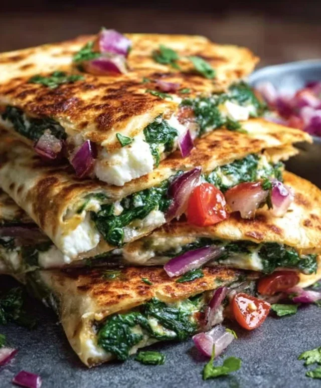 Mediterranean Quesadillas with Spinach, Feta, Mozzarella, and Red Onion