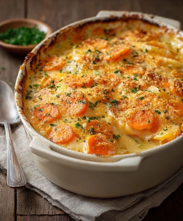 Cheesy Garlic Carrot Gratin – Creamy, Sweet & Savory
