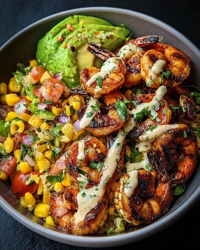 Grilled Shrimp Bowl with Avocado, Corn Salsa & Creamy Garlic Sauce