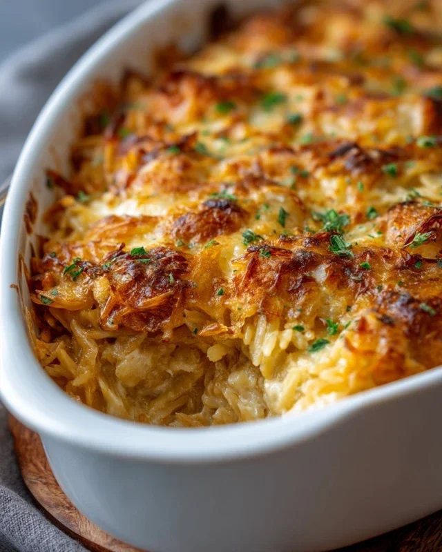 French Onion Chicken Orzo Casserole