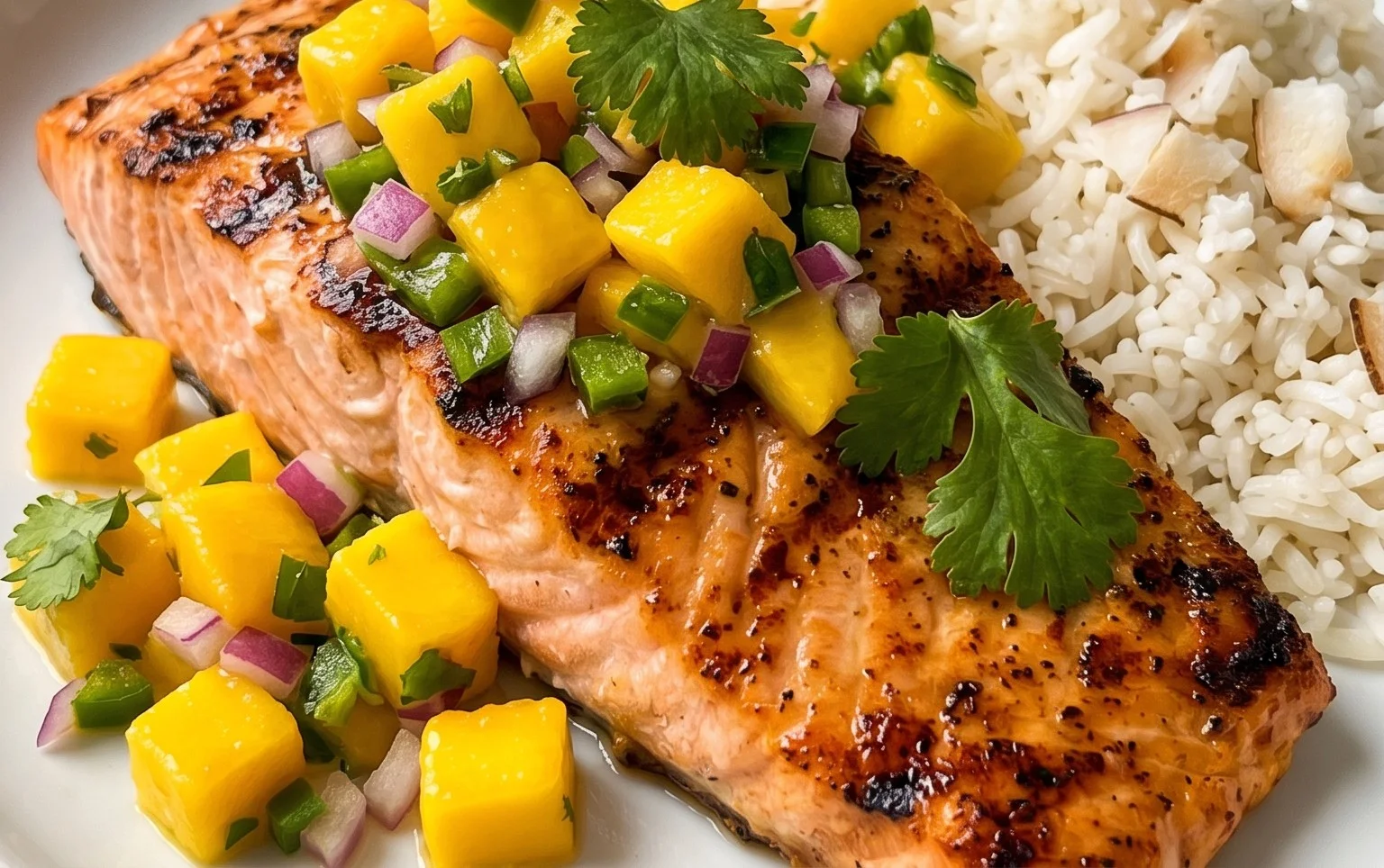Grilled Salmon with Mango Salsa and Coconut Rice