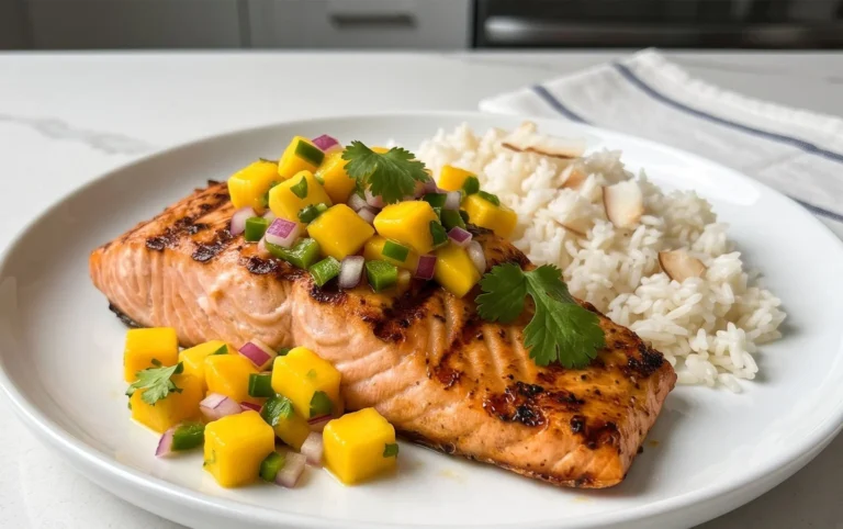 Grilled Salmon with Mango Salsa and Coconut Rice